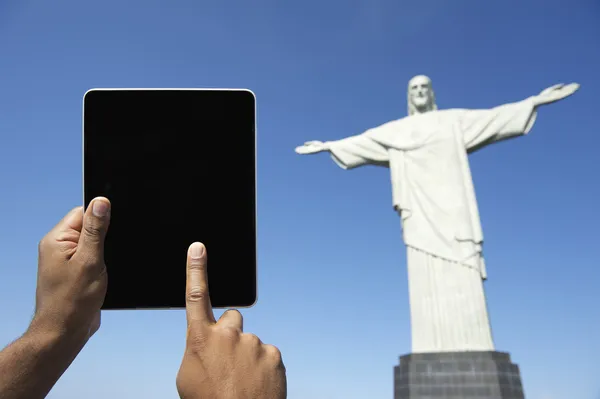 stock image Traveling Brazilian Tourist Using Tablet Corcovado Rio Brazil