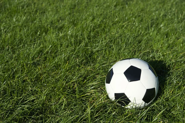 Klasyczny czarno-biały piłka nożna piłka na zielonej trawie — Zdjęcie stockowe