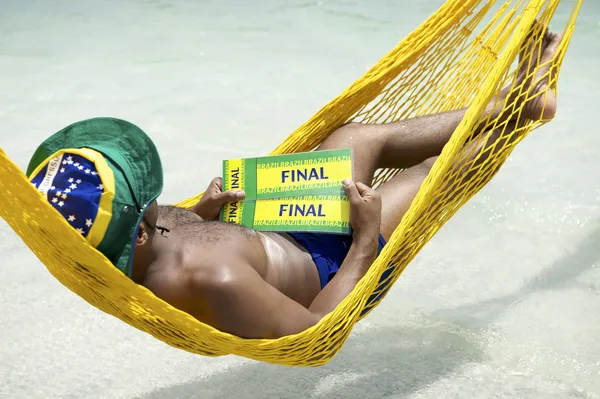 Brazilian Soccer Fan Relaxing with Tickets to Final — Stock Photo, Image