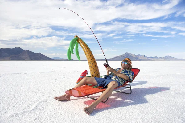 American Fisherman Goes on Cheap Ice Fishing Vacation Holiday — Stock Photo, Image