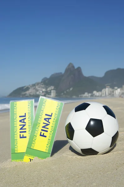 Two Brazil Final Tickets Football Soccer Ball Beach — Stock Photo, Image