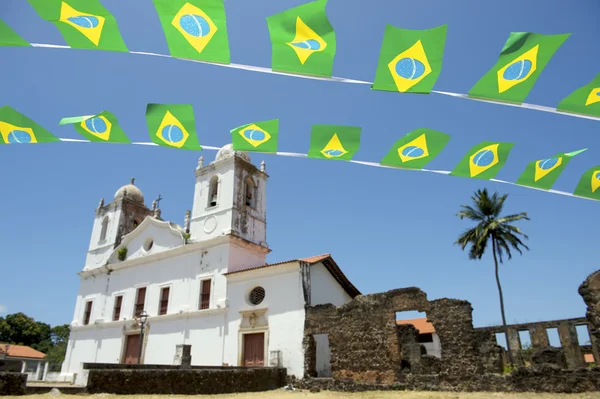 Brazilian Flag Bunting White Colonial Church Nordeste Brasil — Stock Photo, Image