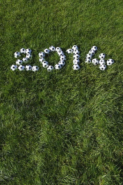 Botschaft für 2014 mit Fußballbällen auf Rasen — Stockfoto