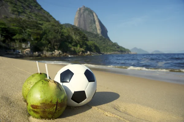 Football Soccer Ball with Fresh Coconut Rio Beach — Stock Photo, Image