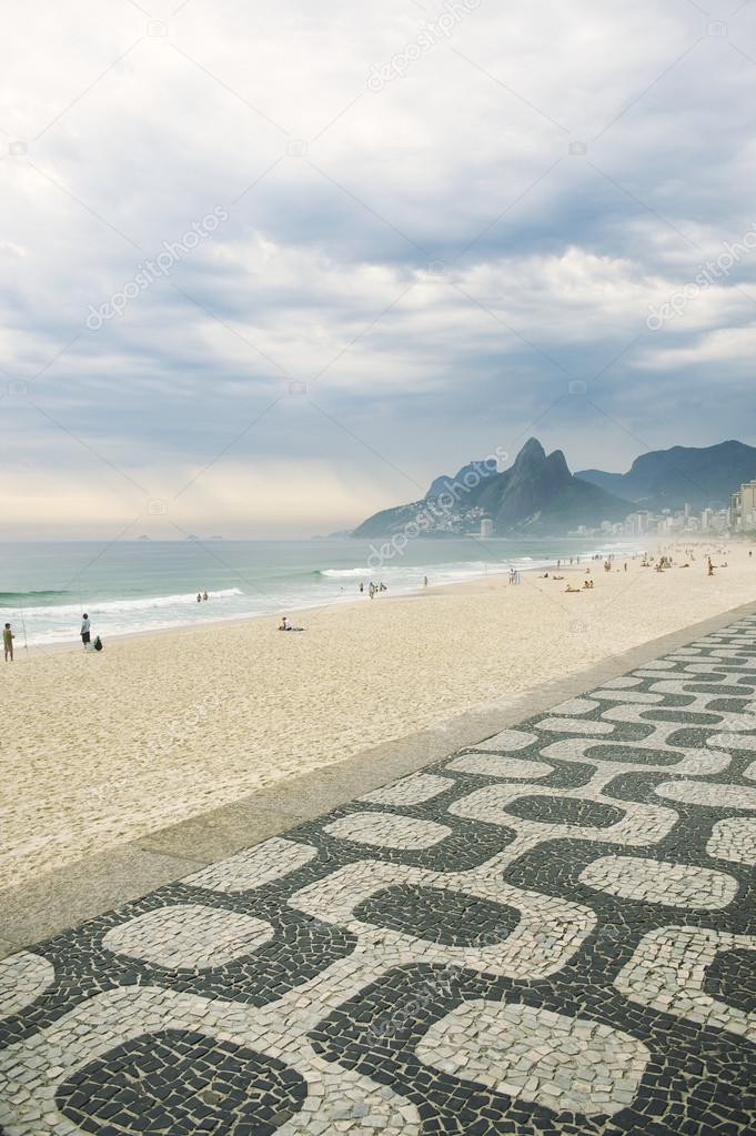 Ipanema Beach Rio de Janeiro Boardwalk with Two Brothers Mountain