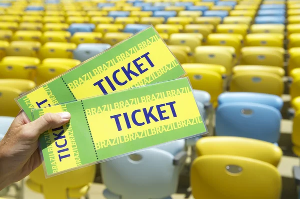 Soccer Fan Holding Two Brazil Tickets at the Stadium — Stock Photo, Image