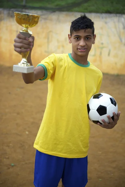 Young Brazilian Football Soccer Player Holding Trophy — Stock Photo, Image