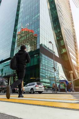 Moskova iş bölgesinde bir zebra üzerinde yayaydı. Rusya, Moskova, 12okt2021.