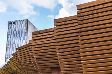 mimari modern yapı stili yüksek teknoloji ahşap ve camlar. Konsept şekiller.