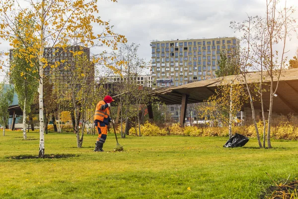 清除公园内的树叶清扫工人 概念清洗个人 — 图库照片