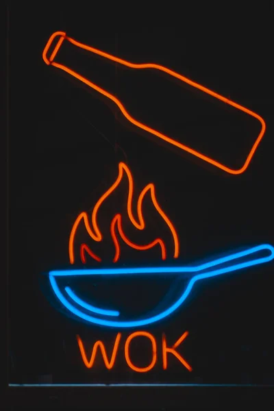 neon sign wok restaurant asian cuisine dishes fire .design