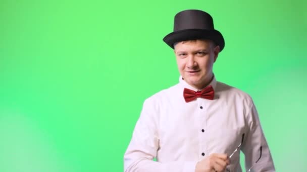 Young Man Hat Bowtie Glasses Happy Performer Chromakey Suit — Stock Video