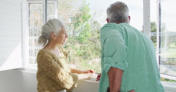 Animacja Szczęśliwej Białej Pary Seniorów Stojącej Przy Oknie Aktywny Zdrowy — Wideo stockowe
