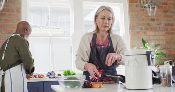 白种人老年妇女穿着围裙 在厨房的堆肥箱里放蔬菜皮 退休老人生活方式的概念 — 图库视频影像