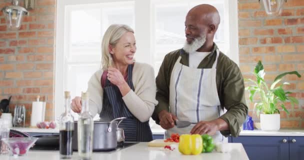 家庭のキッチンで一緒に料理をしながら 楽しいレースのシニアカップルを混在させました 定年退職したシニアカップルのライフスタイルのコンセプト — ストック動画