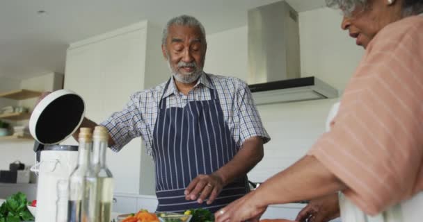 Animación Feliz Pareja Adultos Mayores Afroamericanos Cocinando Hablando Juntos Estilo — Vídeos de Stock
