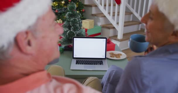 クリスマスの時間にコピースペースとラップトップを使用して白人のシニアカップルのバックビューのアニメーション クリスマスやお祭りや通信技術は — ストック動画