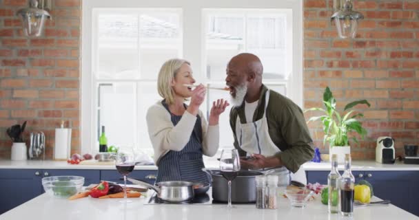 Ein Gemischtes Senioren Paar Mit Schürzen Das Hause Der Küche — Stockvideo