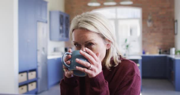 ソファの上に座ってリビングルームで思慮深いシニア白人女性は コーヒーを飲む 引退後の生活や家で過ごす時間 — ストック動画