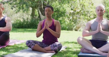 Bir grup genç insan parkta meditasyon yapıyor ve yoga yapıyorlar. yoga, meditasyon ve sağlıklı yaşam tarzı konsepti