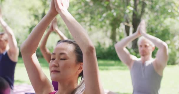 Skupina Různých Mladých Lidí Meditujících Cvičících Jógu Společně Parku Jóga — Stock video