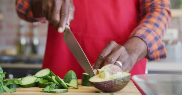 Руки Африканського Старшого Чоловіка Зрізає Овочі Пенсії Відпочинок Перебування Вдома — стокове відео