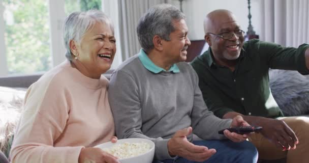 Glückliches Birassisches Seniorenpaar Und Afrikanisch Amerikanische Freundin Vor Dem Fernseher — Stockvideo