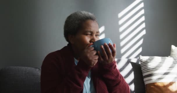 Przemyślana Afrykańska Starsza Kobieta Pijąca Kawę Patrząca Oddali Starszy Zdrowie — Wideo stockowe