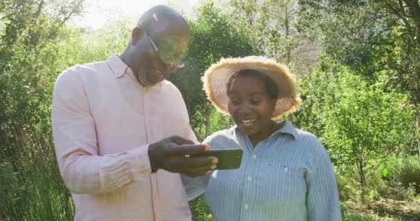 スマートフォンを屋外で使用して幸せなアフリカ系アメリカ人のシニアカップル 退職生活や家や庭で過ごす時間 — ストック動画