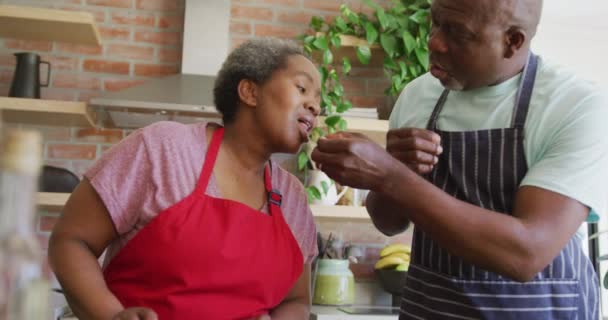 Χαρούμενο Ζευγάρι Αφροαμερικανών Τελειόφοιτων Που Μαγειρεύουν Μαζί Στην Κουζίνα Συνταξιοδότηση — Αρχείο Βίντεο