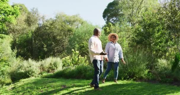 Glückliches Afrikanisch Amerikanisches Seniorenpaar Das Freien Spazieren Geht Lebensstil Ruhestand — Stockvideo