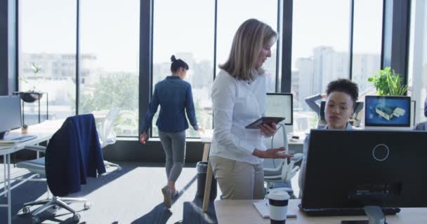 Vista Lateral Mulheres Negócios Caucasianas Mestiças Que Trabalham Escritório Moderno — Vídeo de Stock