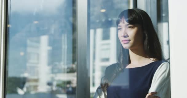 現代的なオフィスで働いている混合レースビジネス女性の側面図は 見事な風景で窓の外を見て スローモーション — ストック動画