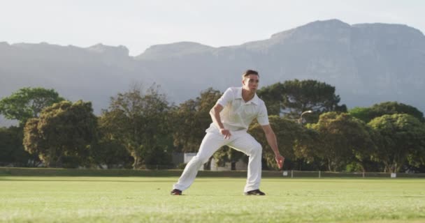 Vista Frontal Jogador Críquete Caucasiano Vestindo Brancos Campo Críquete Mergulhando — Vídeo de Stock