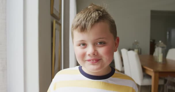 Evdeki Oturma Odasında Dururken Gülümseyen Beyaz Bir Çocuğun Portresi Çocukluk — Stok video