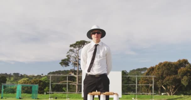 Front View Caucasian Male Cricket Umpire Wearing White Shirt Black — Stock Video