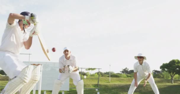 Вид Збоку Підліткової Багатоетнічної Команди Крикету Білих Крикетному Майданчику Ударом — стокове відео