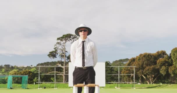 Vista Frontal Árbitro Críquete Masculino Caucasiano Vestindo Camisa Branca Gravata — Vídeo de Stock