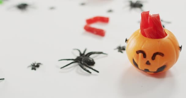 Candies Děsivé Halloween Dýně Tištěné Kbelík Pavouci Hračky Šedém Pozadí — Stock video