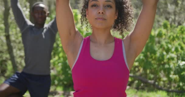 Diversa Pareja Practicando Yoga Posando Campo Estilo Vida Saludable Activo — Vídeo de stock