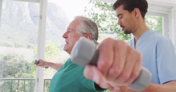Physiothérapeute Masculin Regardant Homme Âgé Faisant Exercice Avec Des Haltères — Video
