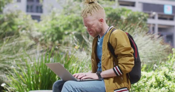 Düşünceli Albino Afro Afro Amerikan Adam Parkta Dizüstü Bilgisayar Kullanarak — Stok video