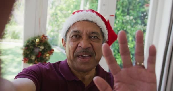 Portret Van Een Gelukkige Oudere Man Met Een Kerstmuts Die — Stockvideo