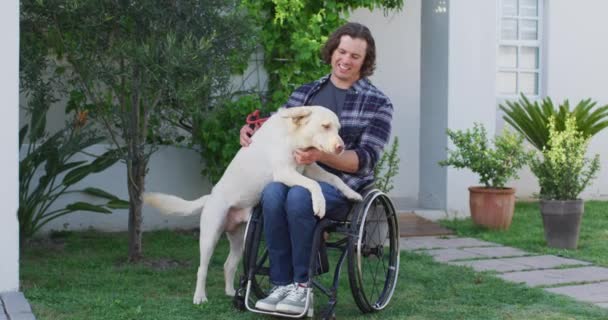 Homem Caucasiano Com Deficiência Sorridente Cadeira Rodas Brincando Com Cachorro — Vídeo de Stock