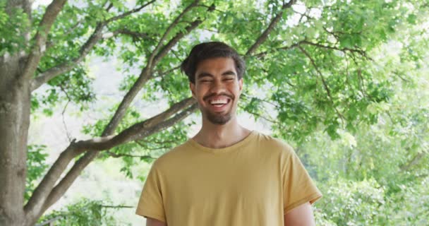 Retrato Del Alegre Hombre Birracial Con Camiseta Amarilla Está Pie — Vídeos de Stock