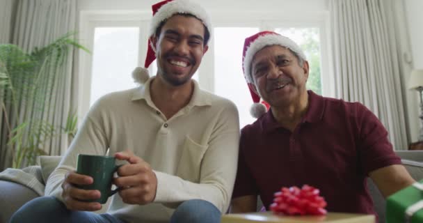 Retrato Homem Pai Biracial Feliz Chapéus Papai Noel Fazendo Videochamada — Vídeo de Stock