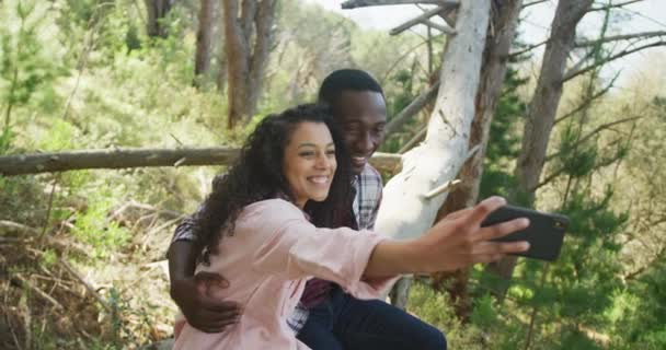 Gülümseyen Farklı Çiftler Selfie Çekiyorlar Kırsalda Ağaçta Oturuyorlar Sağlıklı Aktif — Stok video