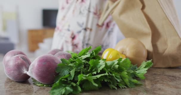 非洲裔美国老年妇女在厨房从购物袋中取出蔬菜的中间部分 积极的退休生活方式 — 图库视频影像