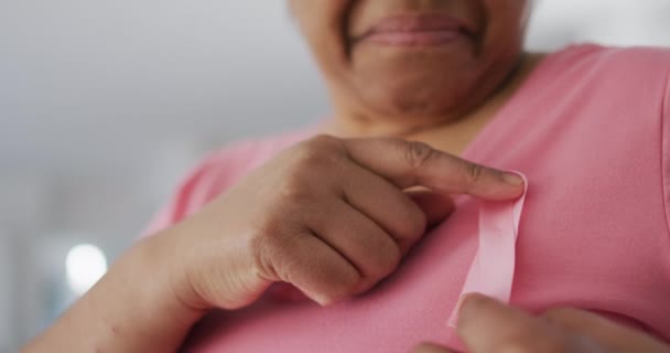Μεσοτομή Μιας Χαμογελαστής Αφροαμερικάνας Ηλικιωμένης Γυναίκας Ροζ Μπλουζάκι Και Ροζ — Αρχείο Βίντεο