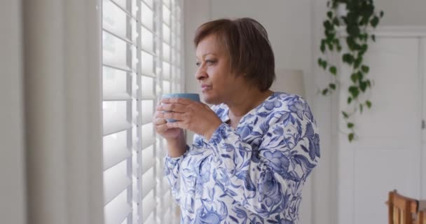 Χαρούμενη Αφροαμερικανή Ηλικιωμένη Γυναίκα Που Απολαμβάνει Πίνει Τσάι Κοιτάζοντας Έξω — Αρχείο Βίντεο